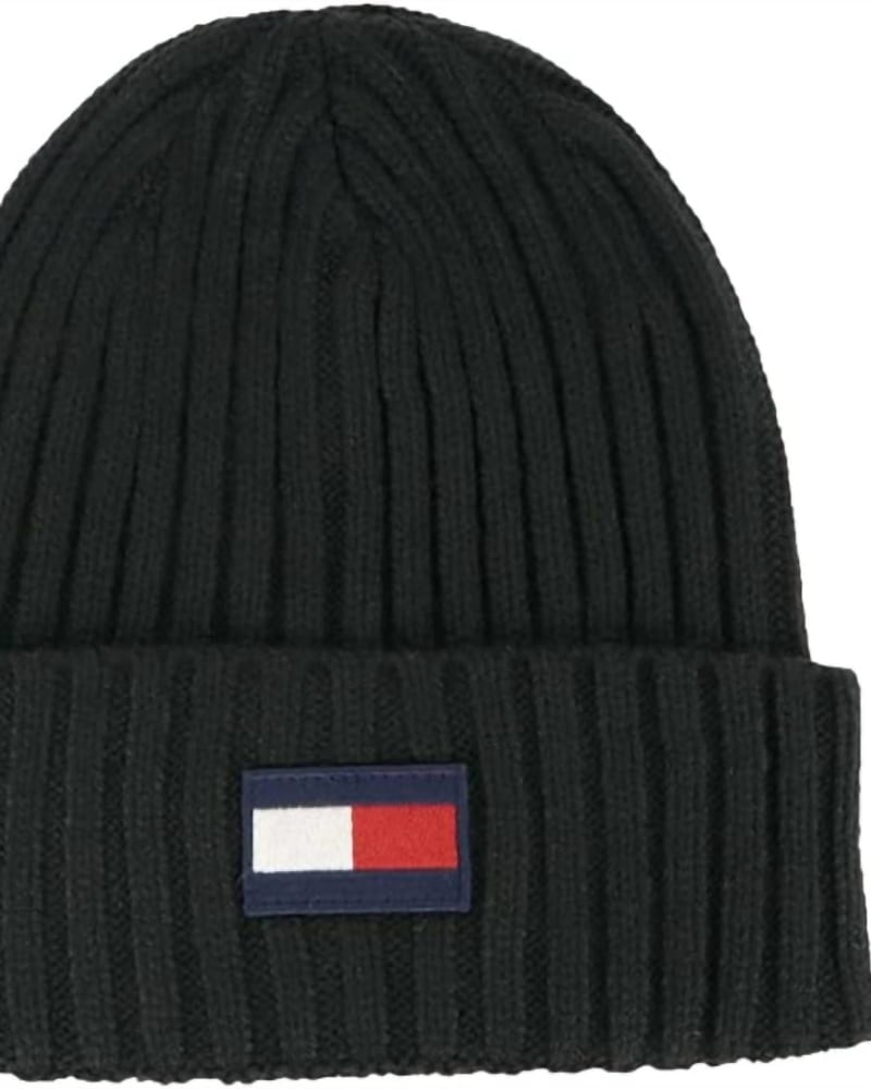 Front of a size one-size-fits-all Fleece Big Flag Beanie Hat In Black in Black by Tommy Hilfiger. | dia_product_style_image_id:353746